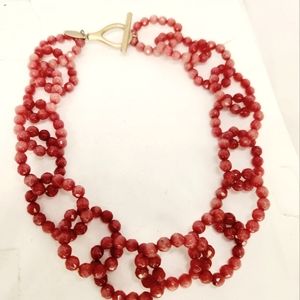 Talbots Red Faux Coral Cherry Quartz Stone Chunky Loop Gold Tone Necklace Pinup